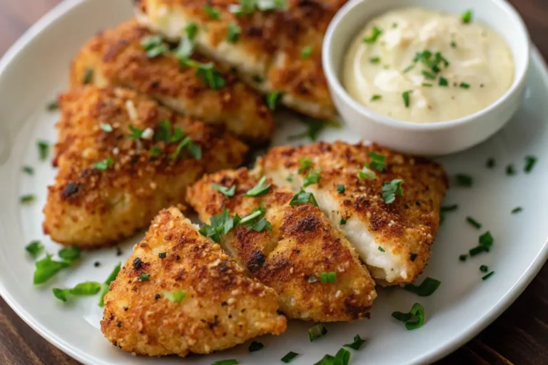 Close-up of sliced Air Fryer Parmesan Crusted Chicken on a white plate next to a small bowl of creamy sauce.