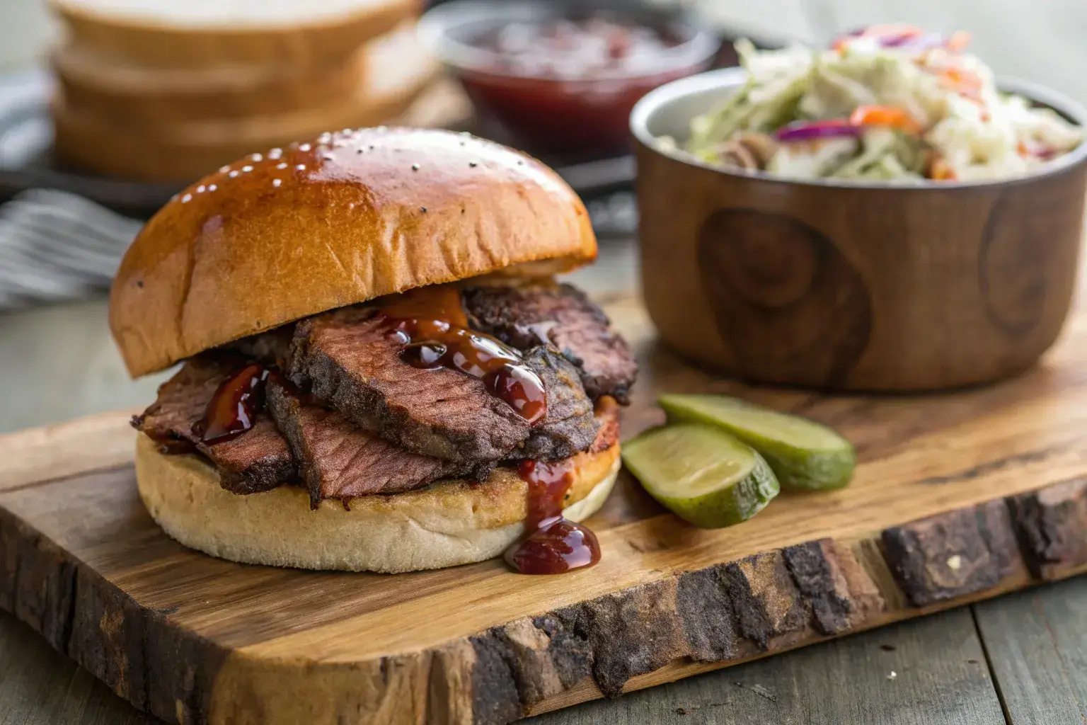 Perfect beef brisket sandwich with smoked meat and coleslaw