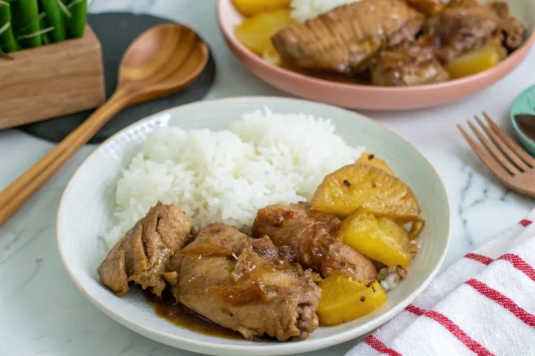 Homestyle chicken adobo potato recipe served with fluffy white rice, featuring tender chicken, creamy potatoes, and a flavorful adobo sauce