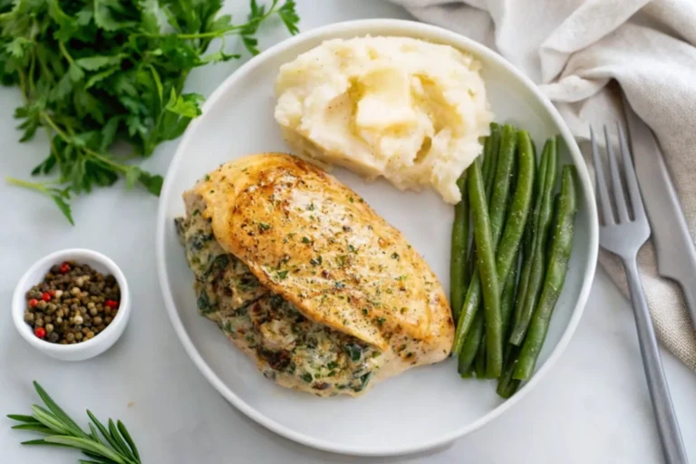 served chicken breast with filling alongside mashed potatoes and green beans