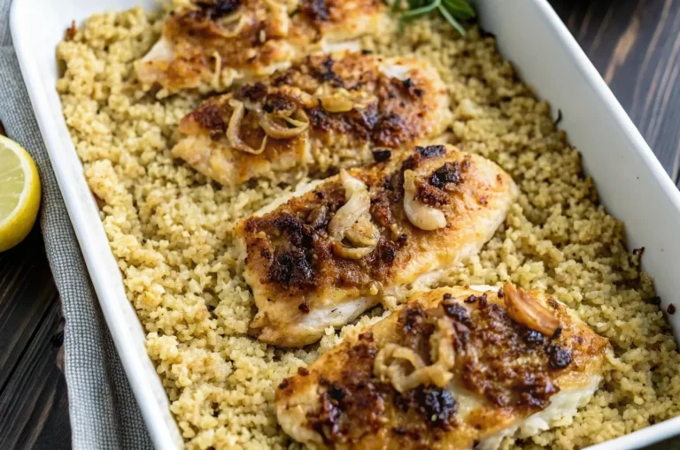 Overhead view of forgotten chicken recipe in baking dish