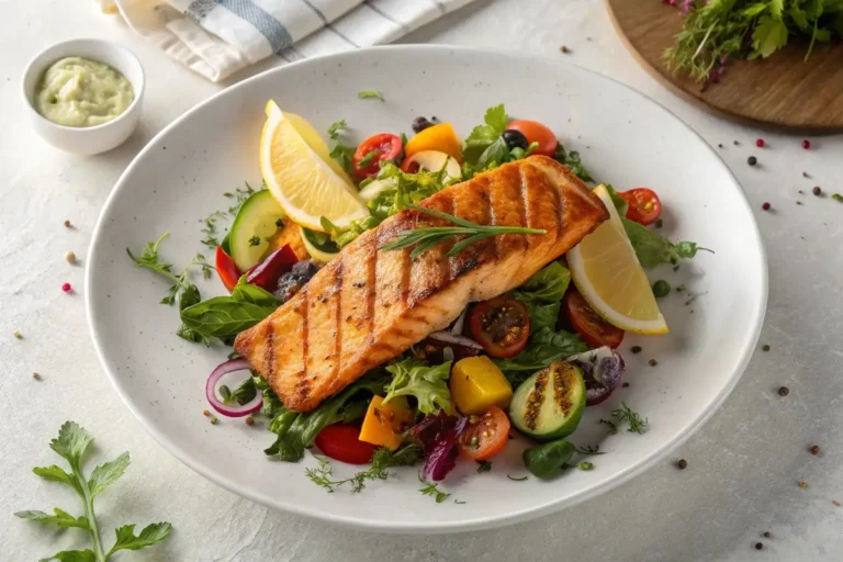 Restaurant-style grilled salmon salad with crispy skin and fresh vegetables