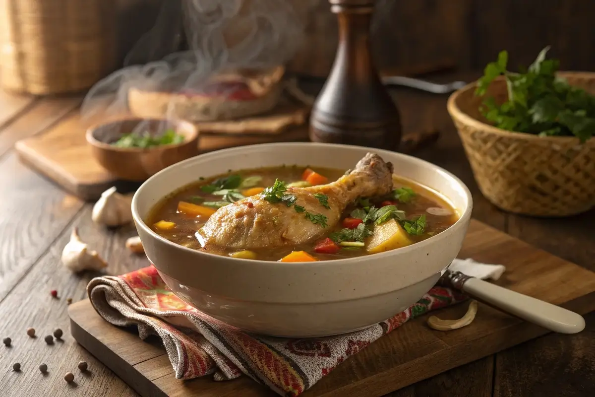 Steaming bowl of chicken leg soup garnished with fresh herbs.