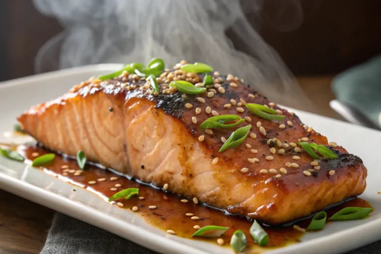 Perfectly cooked honey glazed salmon with caramelized exterior and moist center