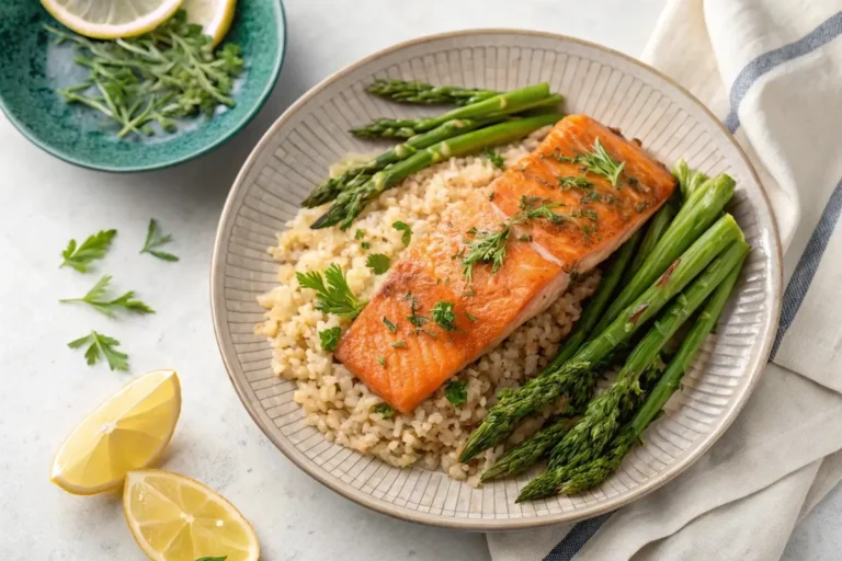 Grilled salmon fillet served on a bed of rice with asparagus and lemon wedge.