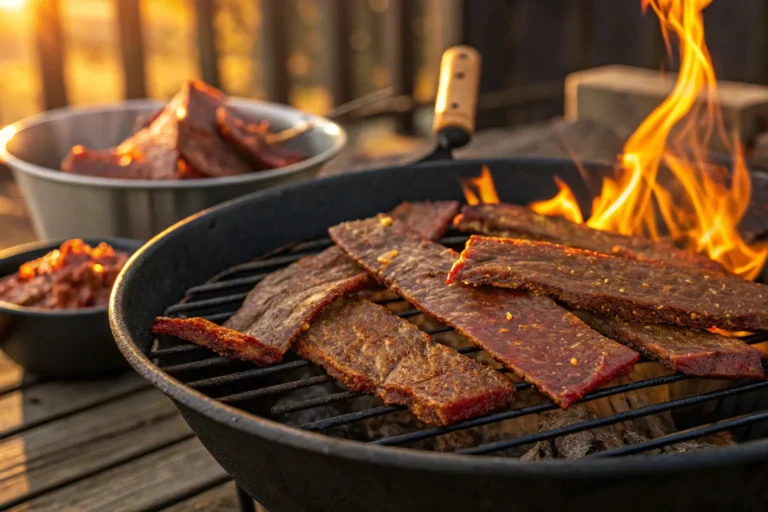Homemade BBQ beef jerky pieces on parchment paper with dipping sauces