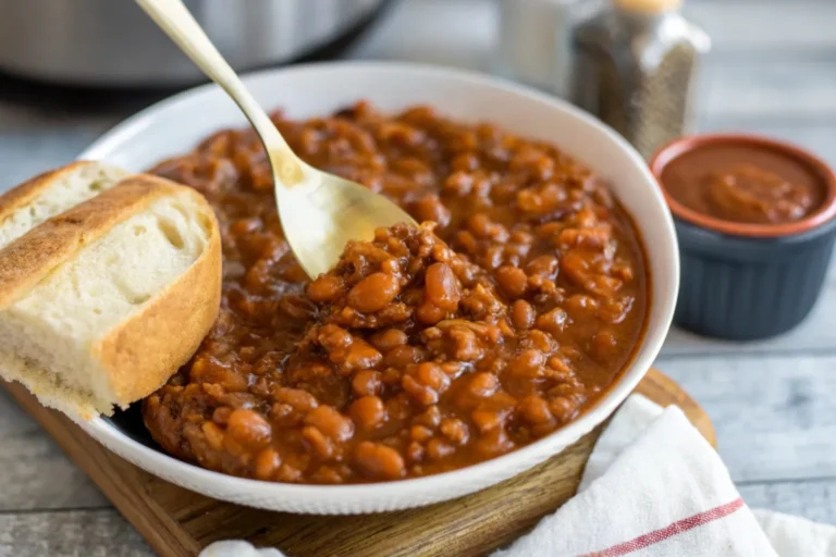 Bowl of baked beans with ground beef and bread