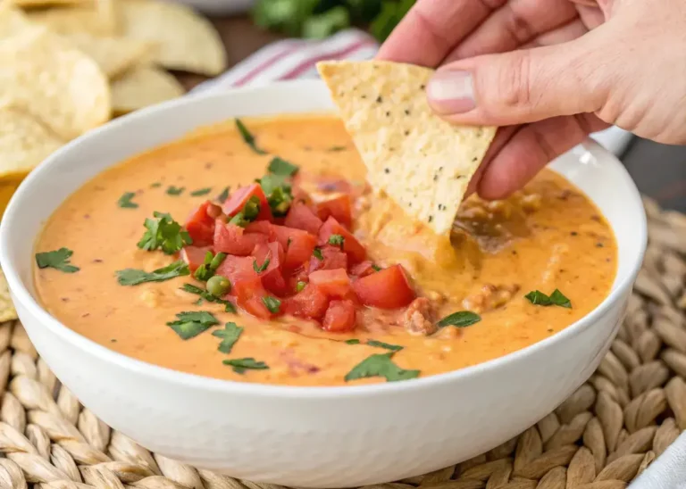 Hand dipping a tortilla chip into a bowl of hamburger cheese dip