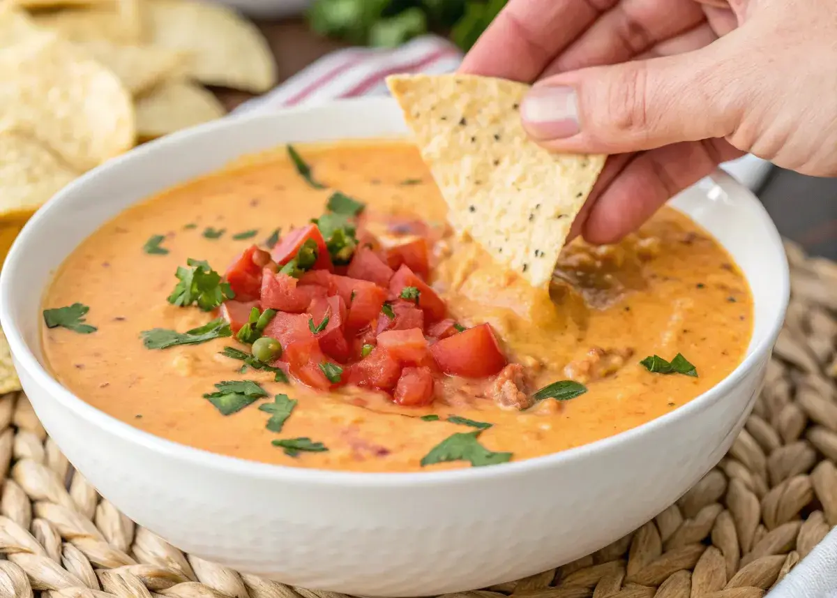 Hand dipping a tortilla chip into a bowl of hamburger cheese dip