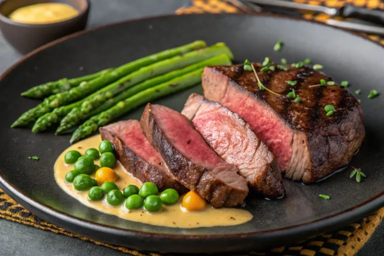 homemade steak and peas and asparagus dinner plate