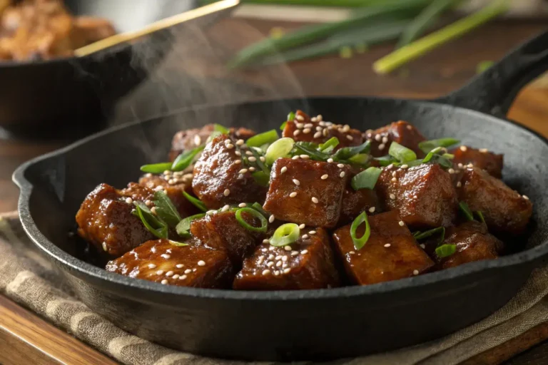 Honey garlic steak bites in cast iron skillet with glossy sauce