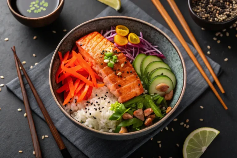 Colorful salmon rice bowl with seared salmon, avocado, and sesame seeds