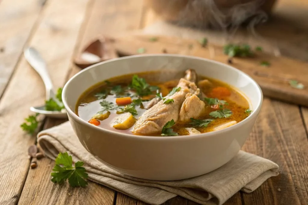 A bowl of soup with chicken drumsticks garnished with parsley on a wooden surface.