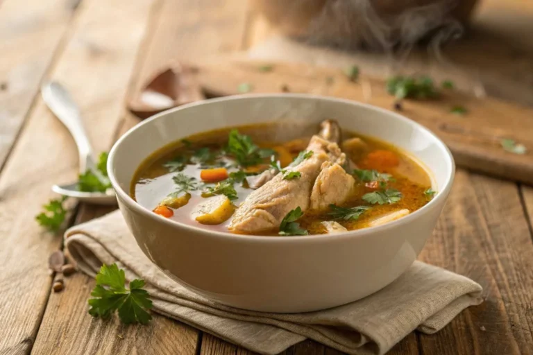 A bowl of soup with chicken drumsticks garnished with parsley on a wooden surface.