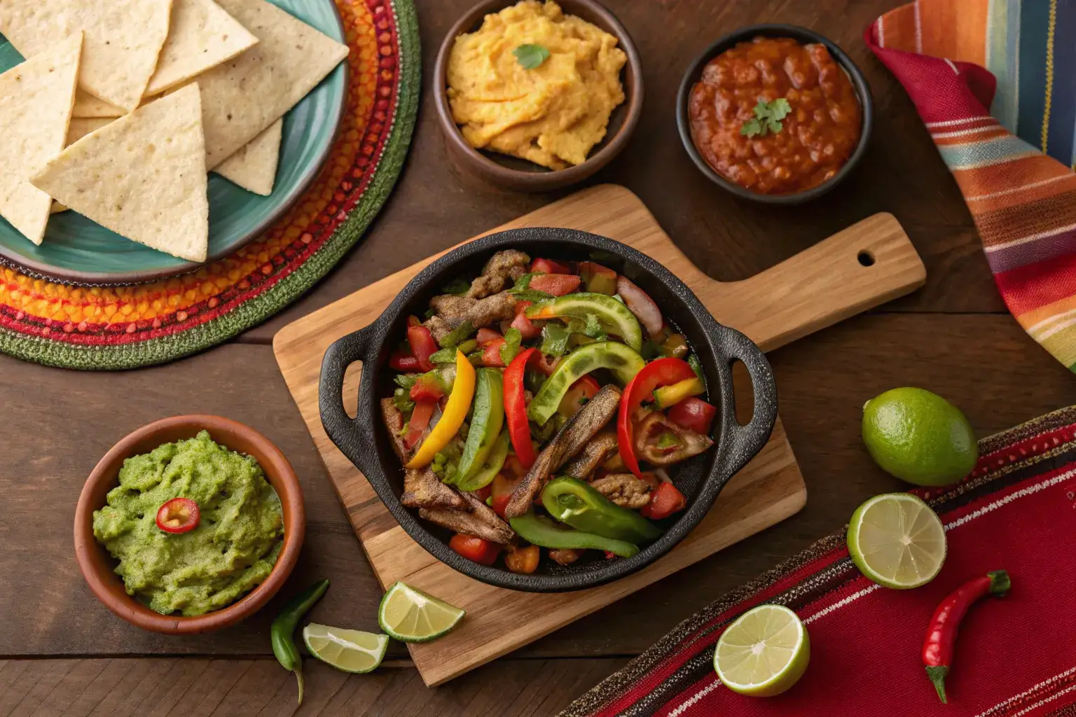 "Good appetizers for steak fajitas displayed in a colorful Mexican spread
