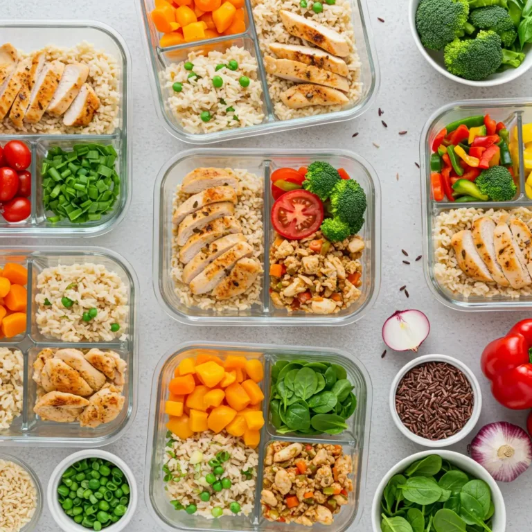 Healthy chicken and rice diet meal prep containers with fresh ingredients