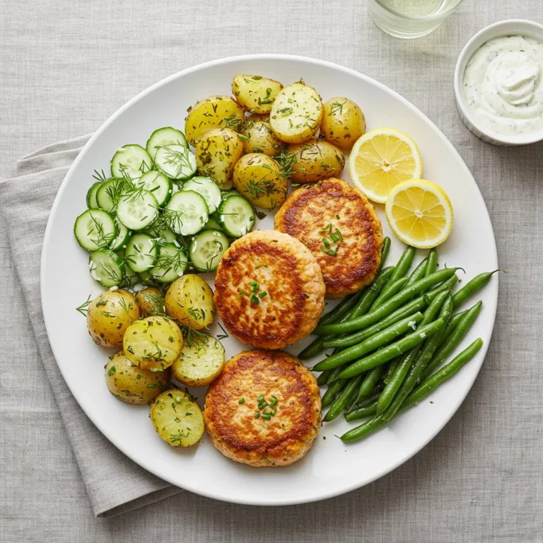Salmon patties with easy side dishes including cucumber salad, roasted potatoes, and green beans