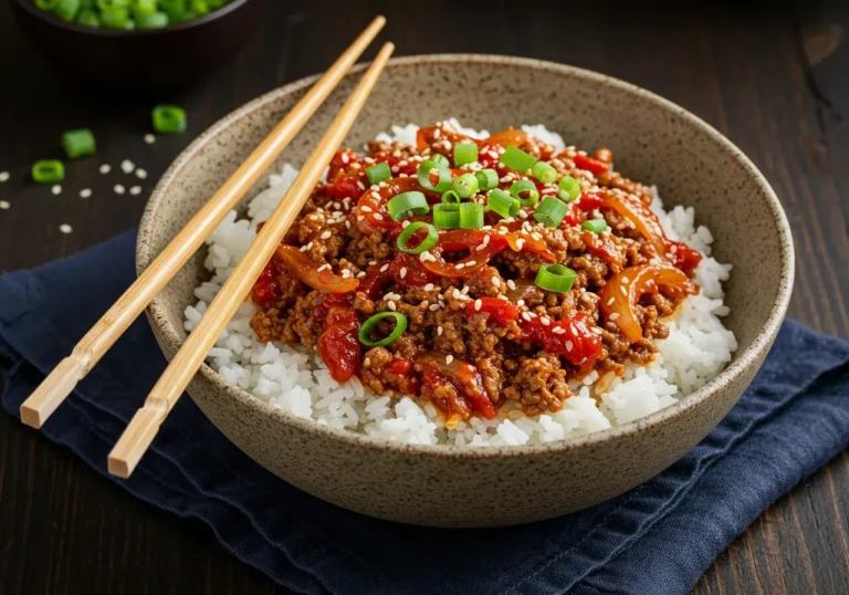 Korean ground beef with gochujang sauce served over rice in a ceramic bowl