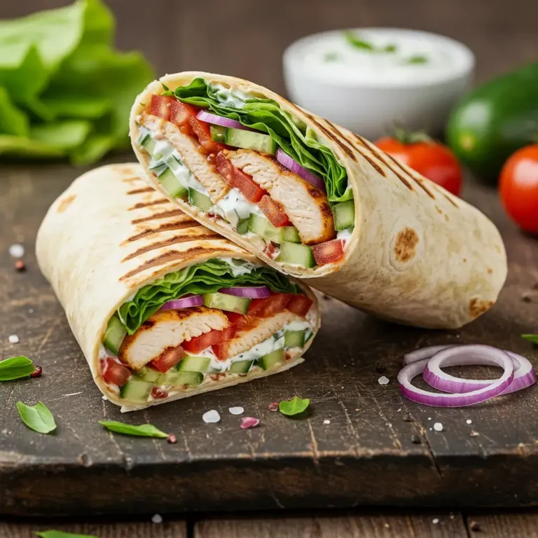 Homemade grilled chicken wrap with fresh vegetables and yogurt sauce