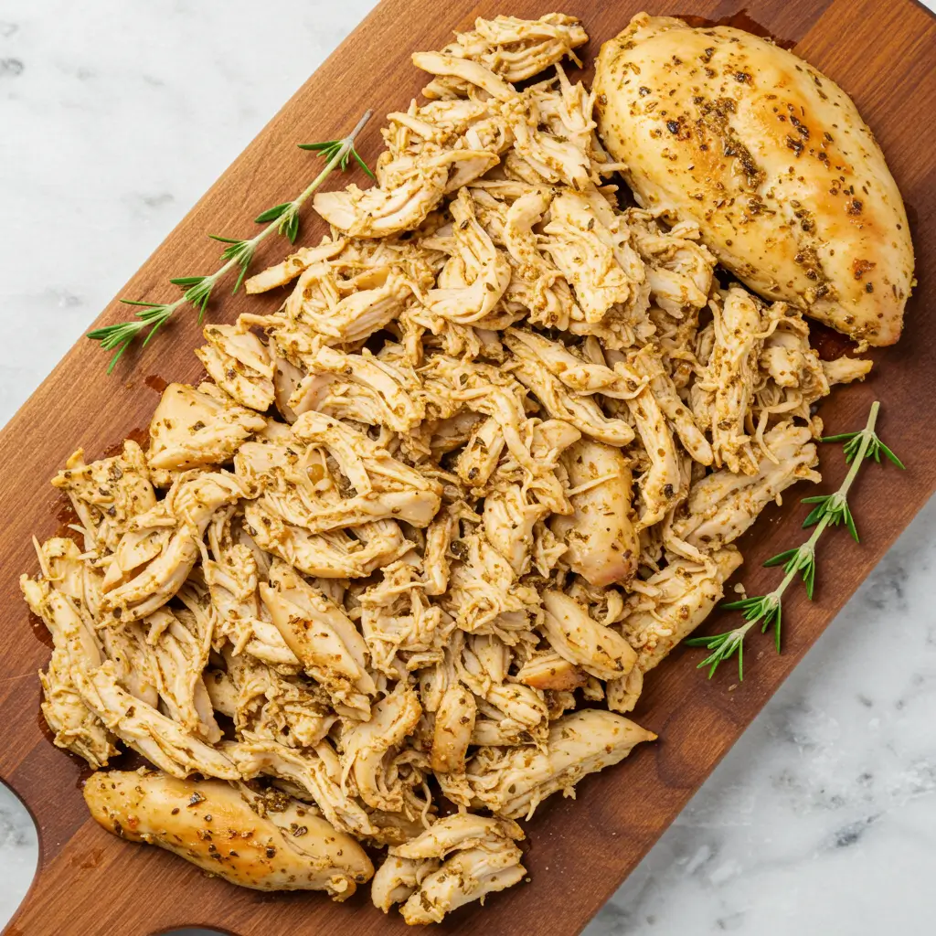 Perfectly seasoned baked shredded chicken on wooden board