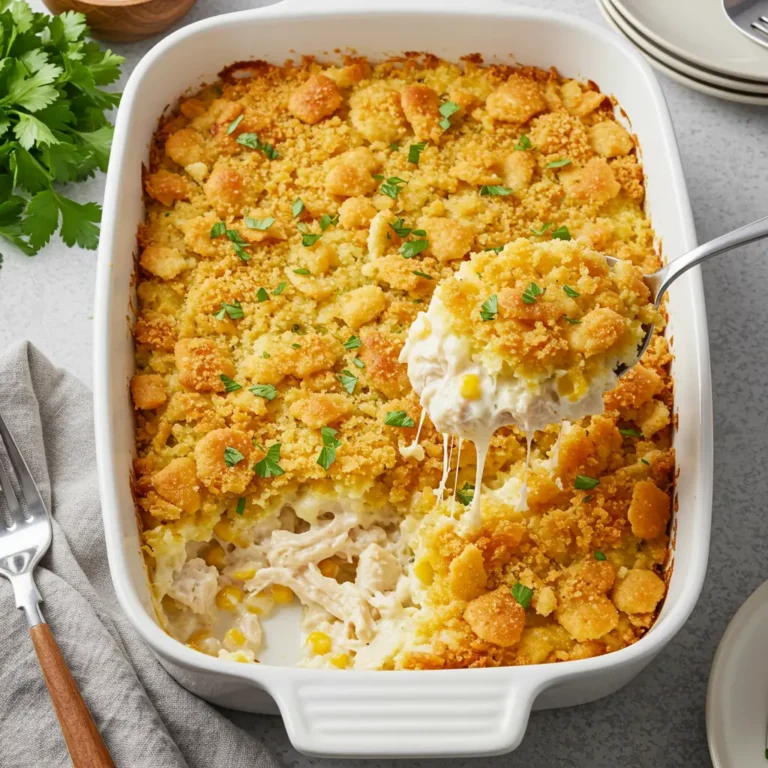 Creamy million dollar chicken casserole with golden cracker topping in white baking dish