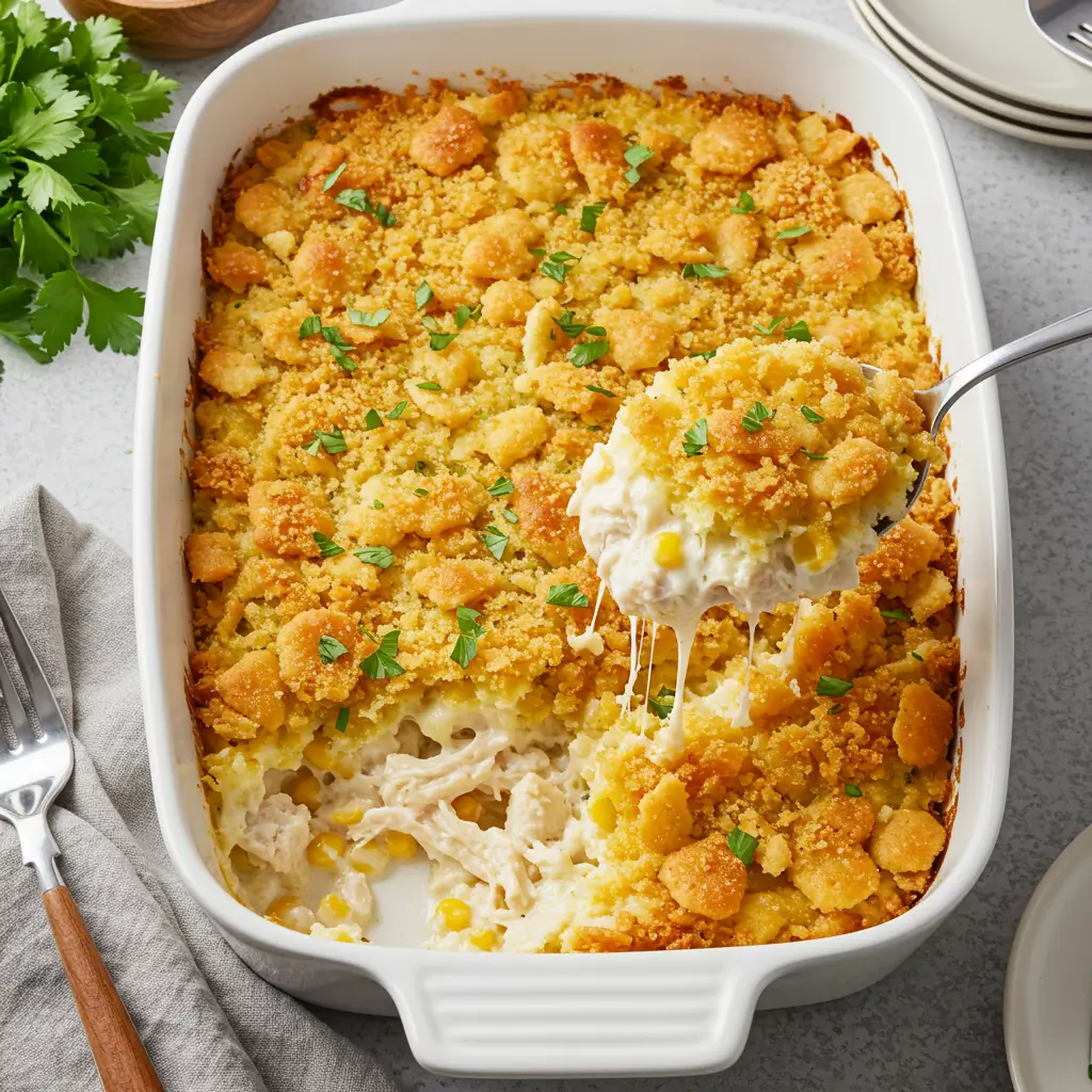 Creamy million dollar chicken casserole with golden cracker topping in white baking dish