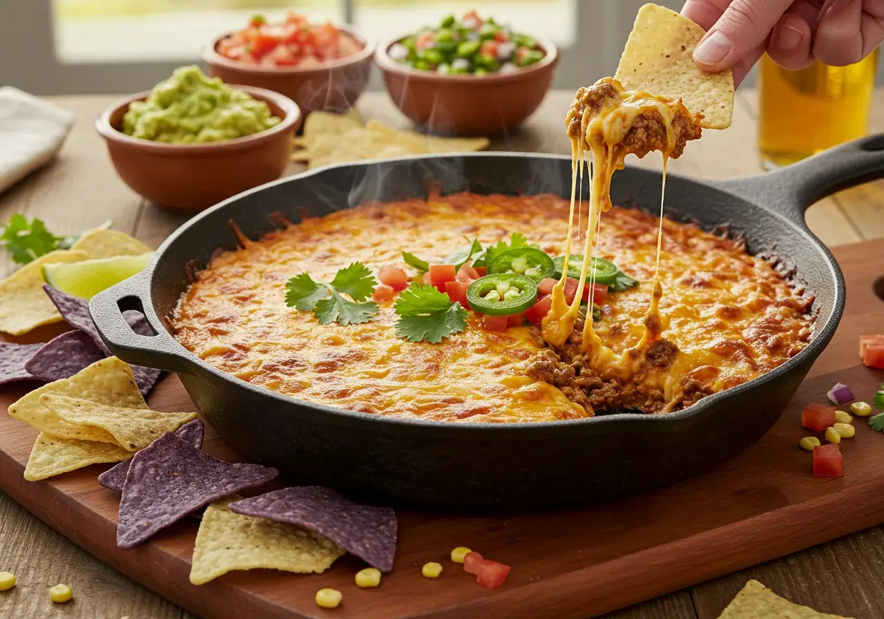 Homemade beef queso dip recipe in cast iron skillet with tortilla chips