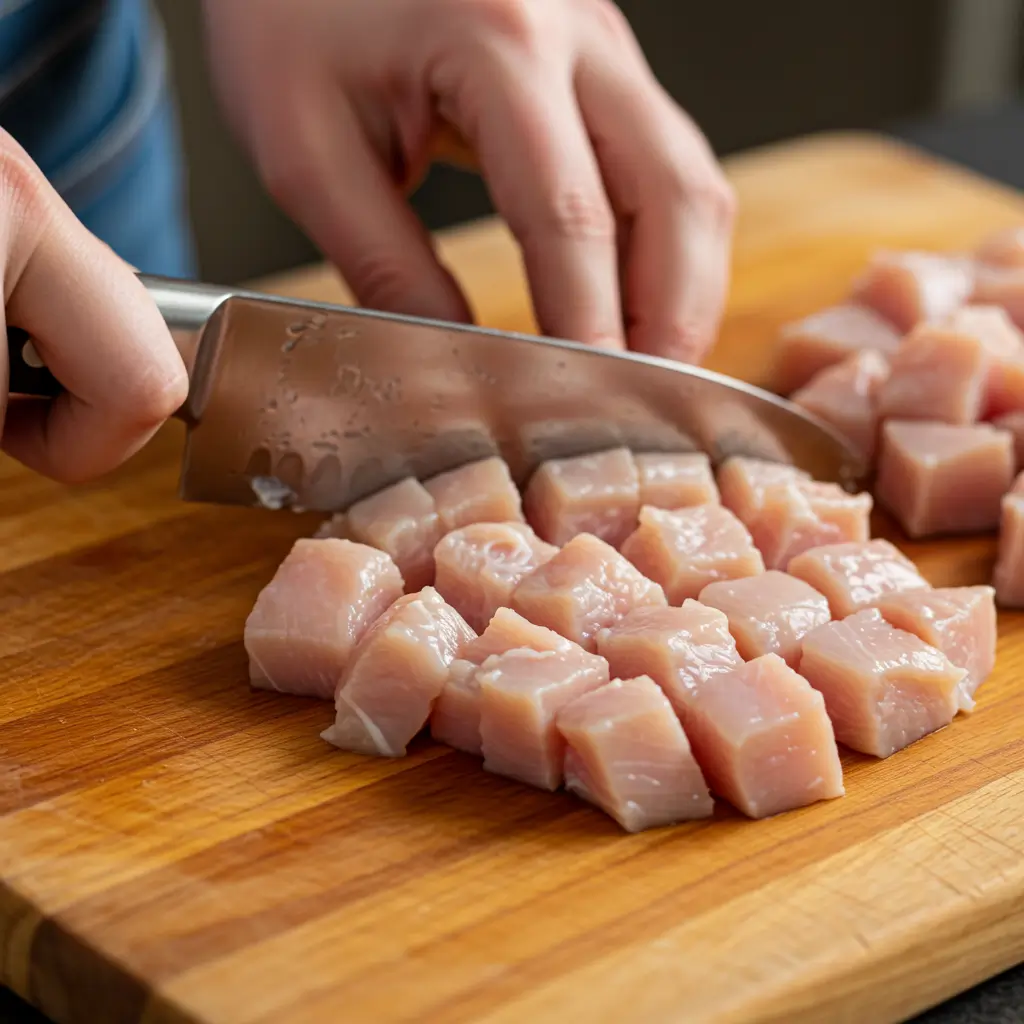 Step-by-step cubed chicken recipes preparation showing proper cutting technique for even chicken cubes