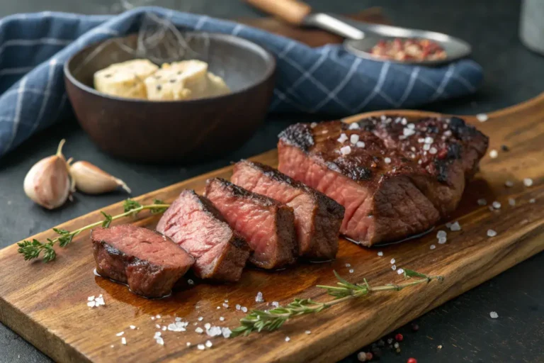 Juicy air fryer steak tips with caramelized exterior on wooden serving board
