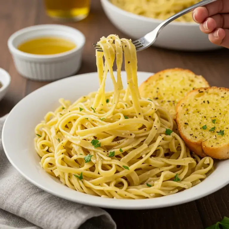 Homemade gluten free egg noodles on white plate with herbs