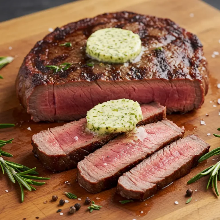 Juicy sliced baseball steak with melted herb butter