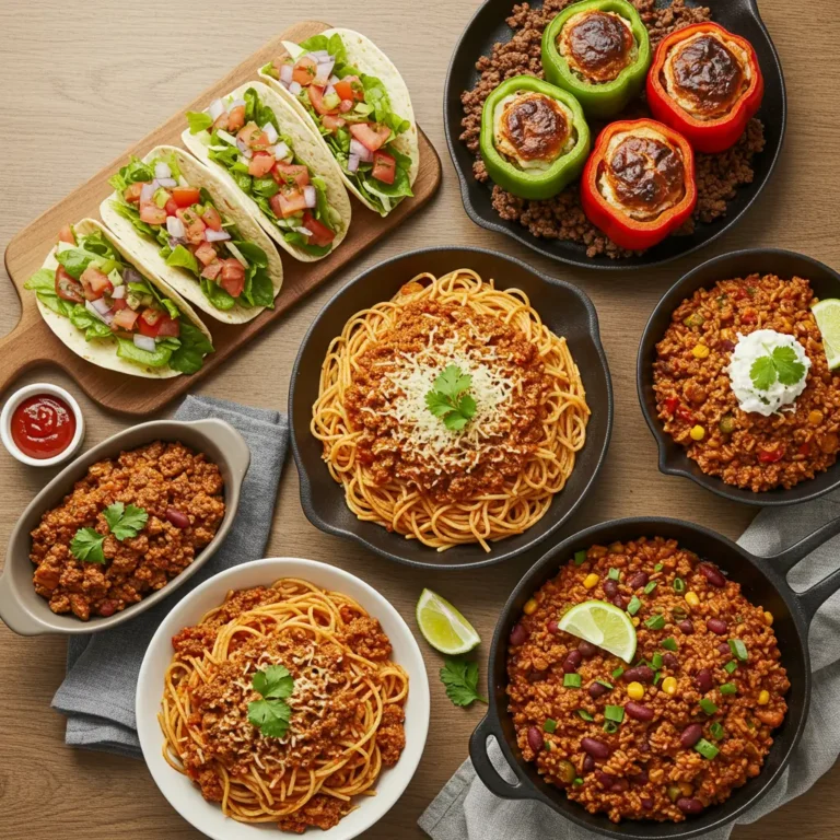 Five easy ground beef recipes including tacos, stuffed peppers, spaghetti, skillet meal, and chili
