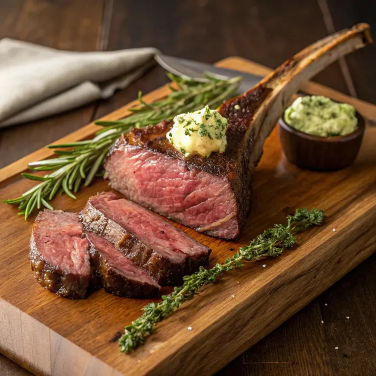 Perfectly cooked medium-rare tomahawk steak recipe with herb butter and rosemary garnish