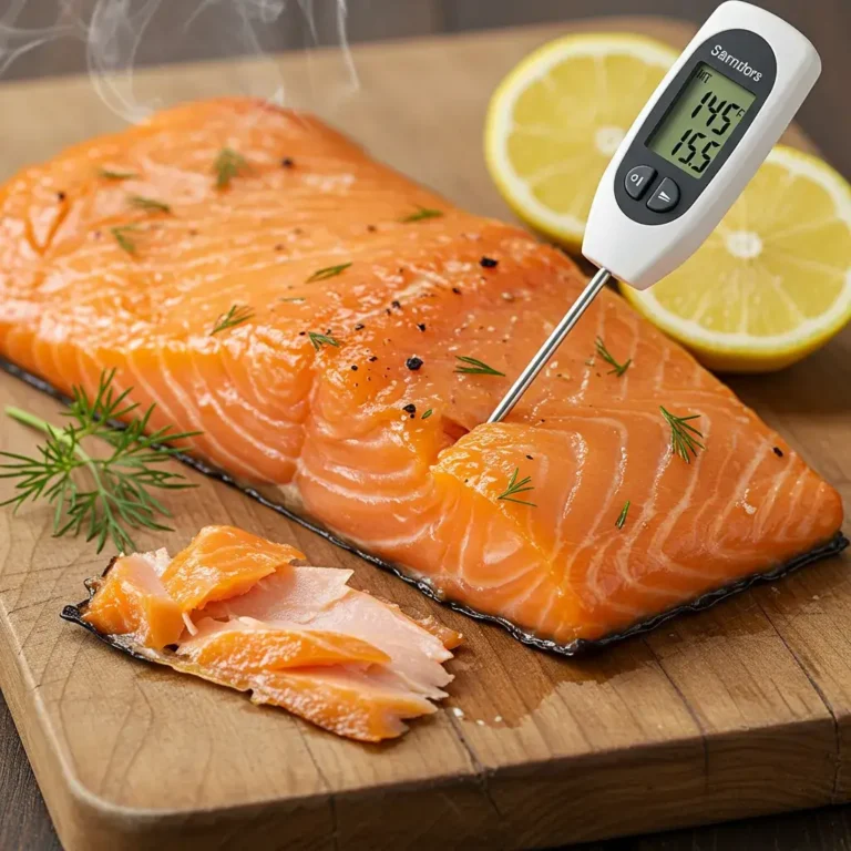 Perfect smoked salmon done temp with thermometer reading 145 degrees