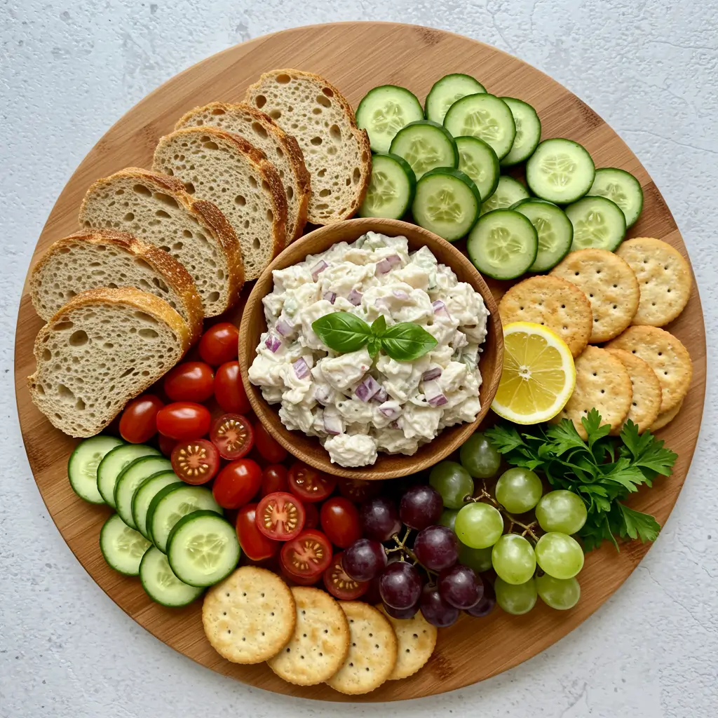 Complete guide on what to eat chicken salad with featuring bread, crackers, and fresh vegetables