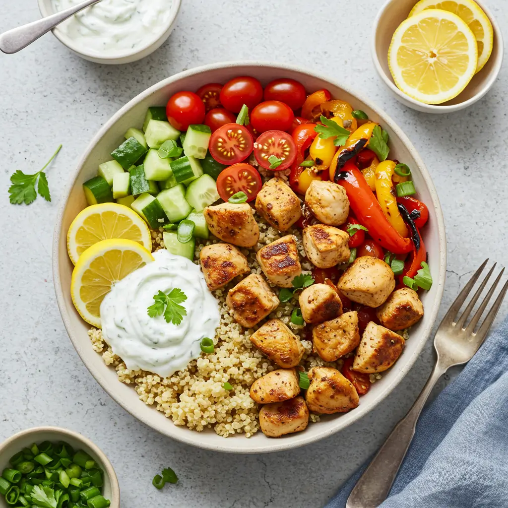 Mediterranean diced chicken recipes bowl with fresh vegetables and tzatziki sauce