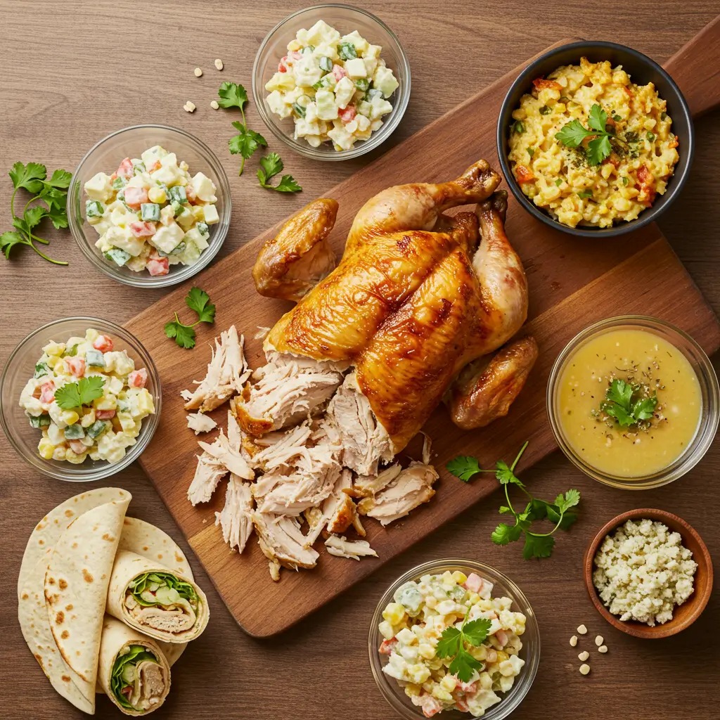 Leftover rotisserie chicken with various meal ideas including salad, casserole, wrap, and soup