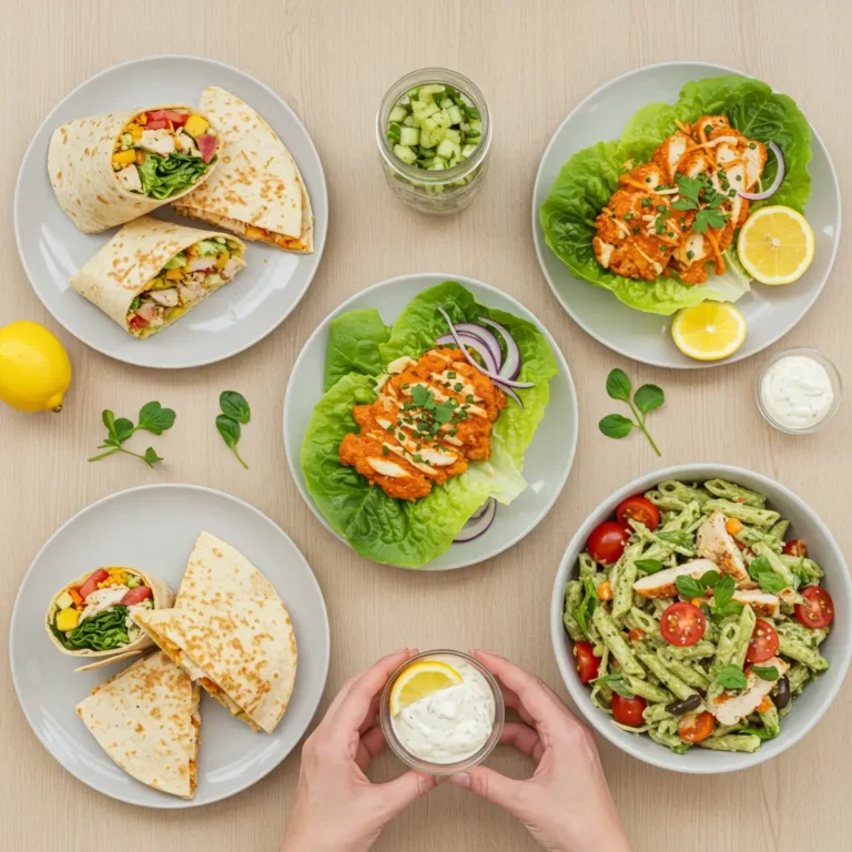 Collection of five easy chicken lunch recipes arranged on wooden table