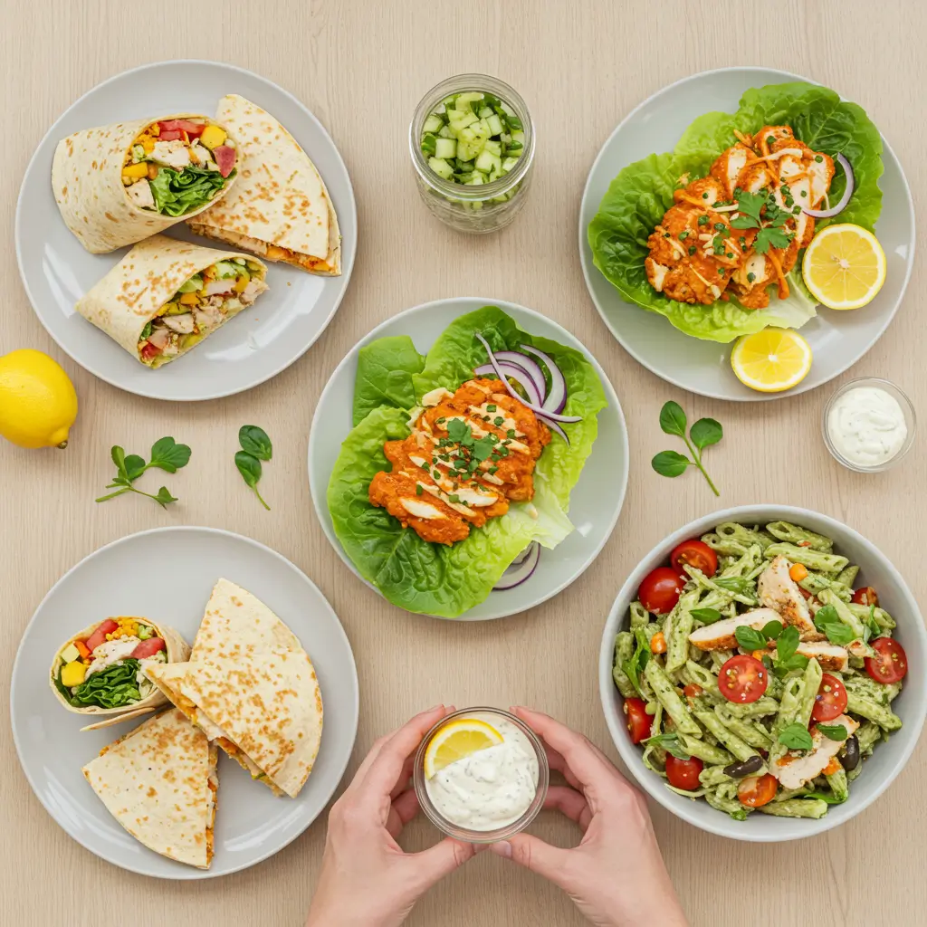 Collection of five easy chicken lunch recipes arranged on wooden table